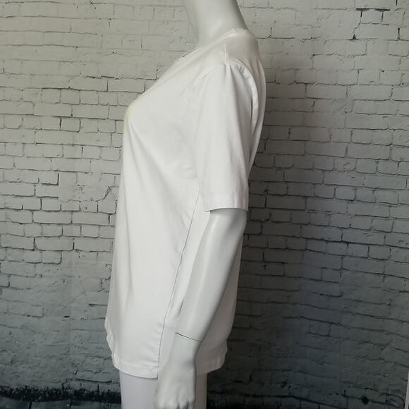 Fila Womens SZ XL Tee T Shirt White Outline Spellout TINY FLAW Stretch Boxy Fit - Picture 6 of 11